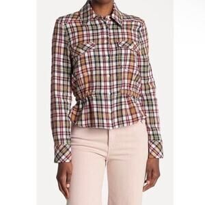Veronica Beard Shania Plaid Long Sleeve Cinched Waist Button Down Top Sz 0‎